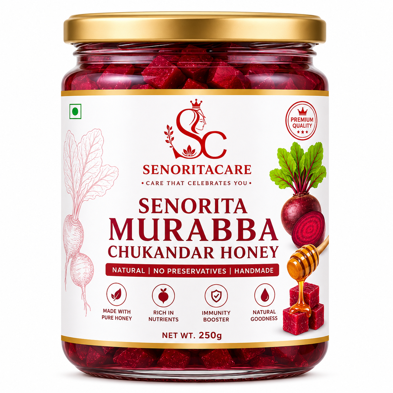 A 250g glass jar of Senorita Care Senorita Murabba Chukandar Honey 