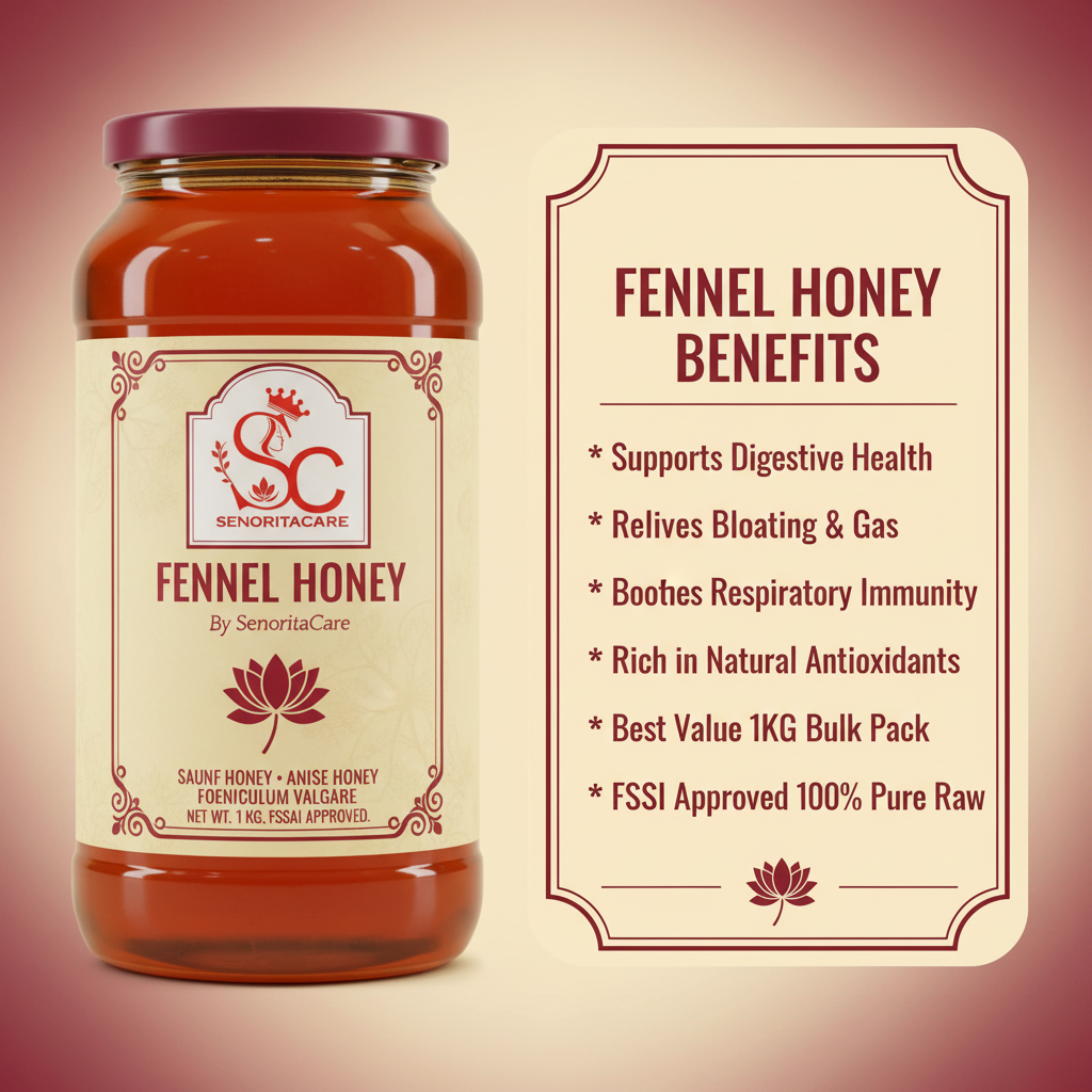 Senorita Fennel Honey 1kg digestive immunity respiratory benefits infographic by SenoritaCare
