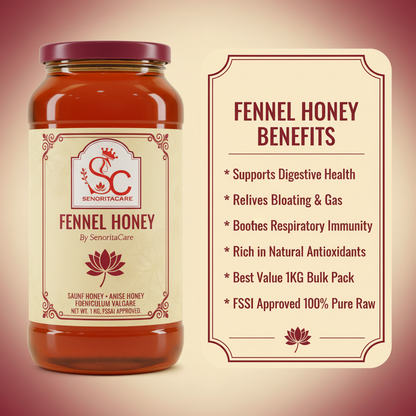 Senorita Fennel Honey 1kg digestive immunity respiratory benefits infographic by SenoritaCare