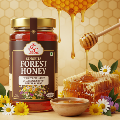 Senorita Forest Honey 250g lifestyle with honeycomb and wildflowers By SenoritaCare Order Now 