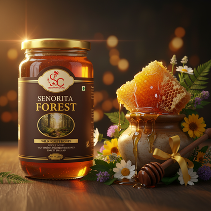 Senorita Forest Honey 250g lifestyle with wild forest flowers and honeycomb by SENORITACARE