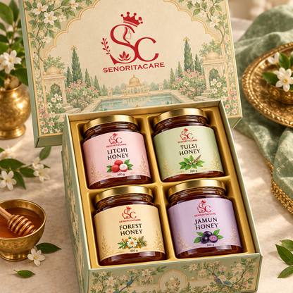 Concept: illustrated gift box with four honey jars in a gifting setting. Senorita Honey Gift Pack Buy Now Onine