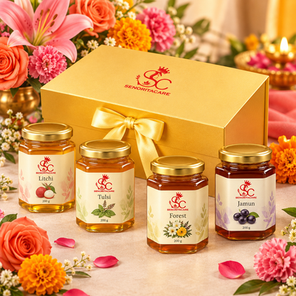 Concept honey gift pack on colourful floral gift setting. Senorita Honey Gift Pack Buy Now Onine