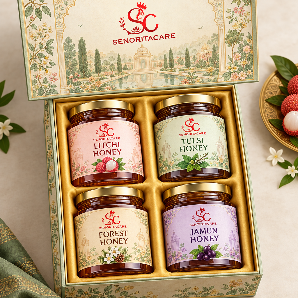 Concept: overhead view of hinged gift box holding four honey jars