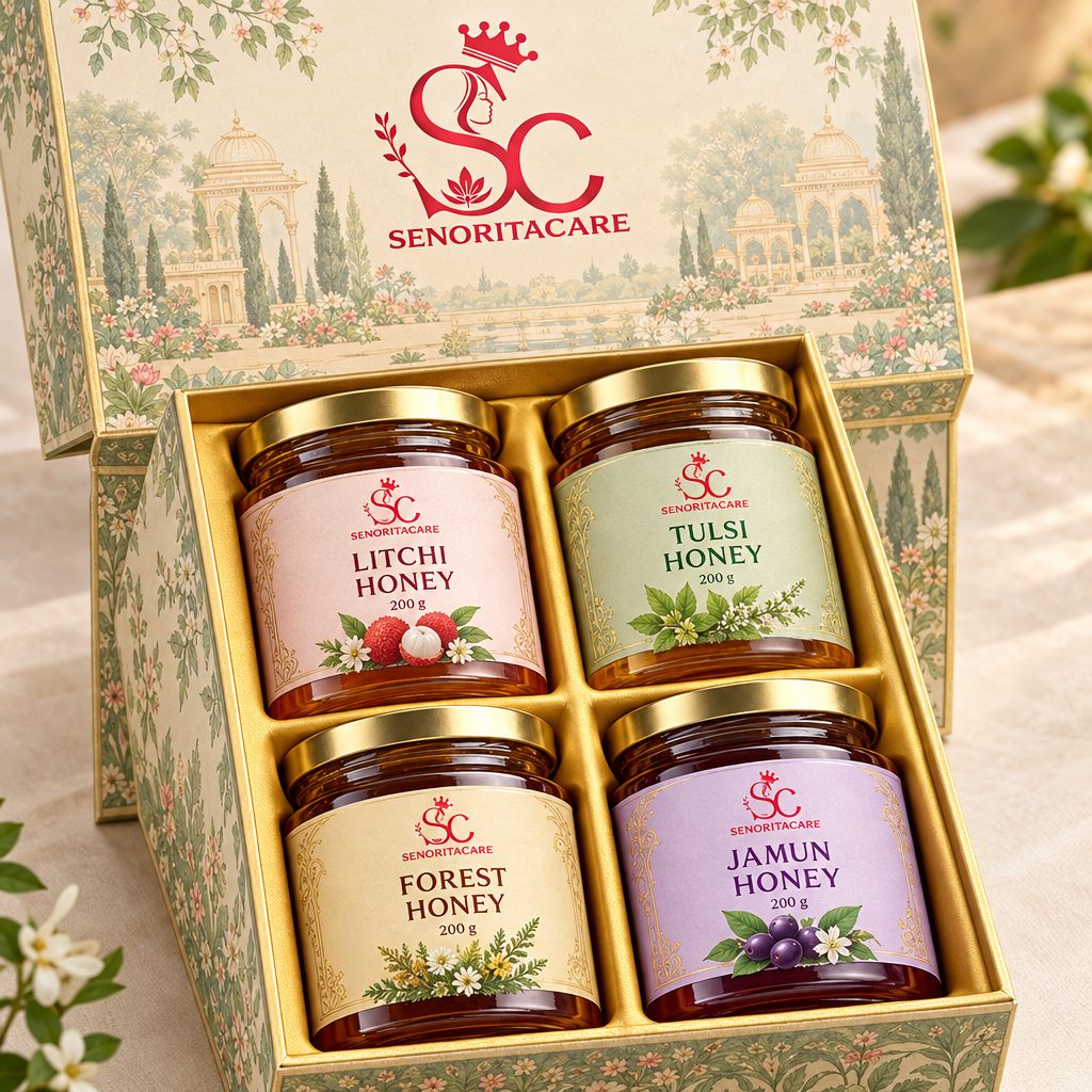 Concept: four SenoritaCare honey varieties in hinged gift box Senorita Honey Gift Pack order Now