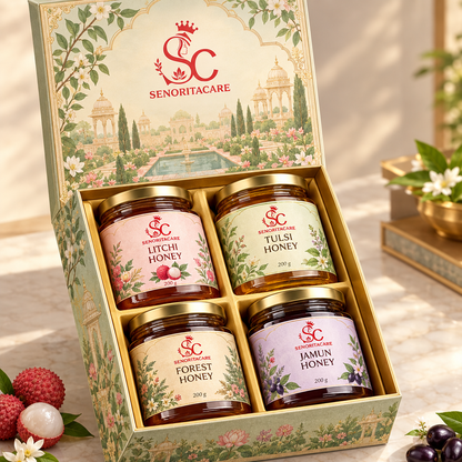 Concept: illustrated open honey gift box from side angle. Senorita Honey Gift Pack order Now