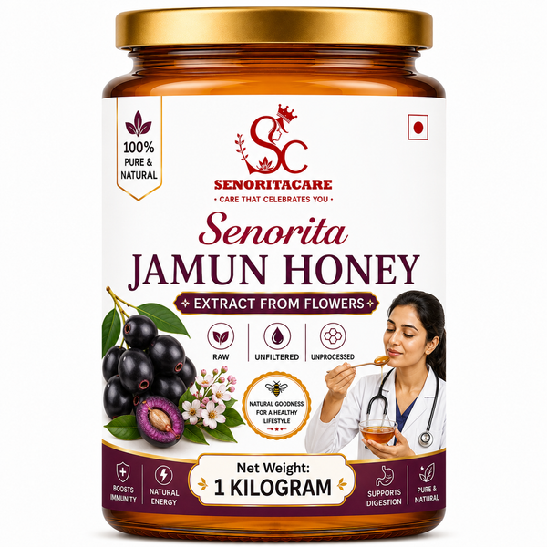 A jar of Senorita Jamun Honey extract from flowers, featuring a white label with red and dark purple text, a gold lid, and an illustration of black jamun berries and a woman holding a glass of honey.