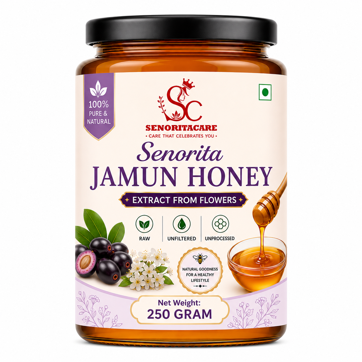 Senorita Jamun Honey 250g premium natural honey made from Jamun nectar blossoms by SenoritaCare on a white background