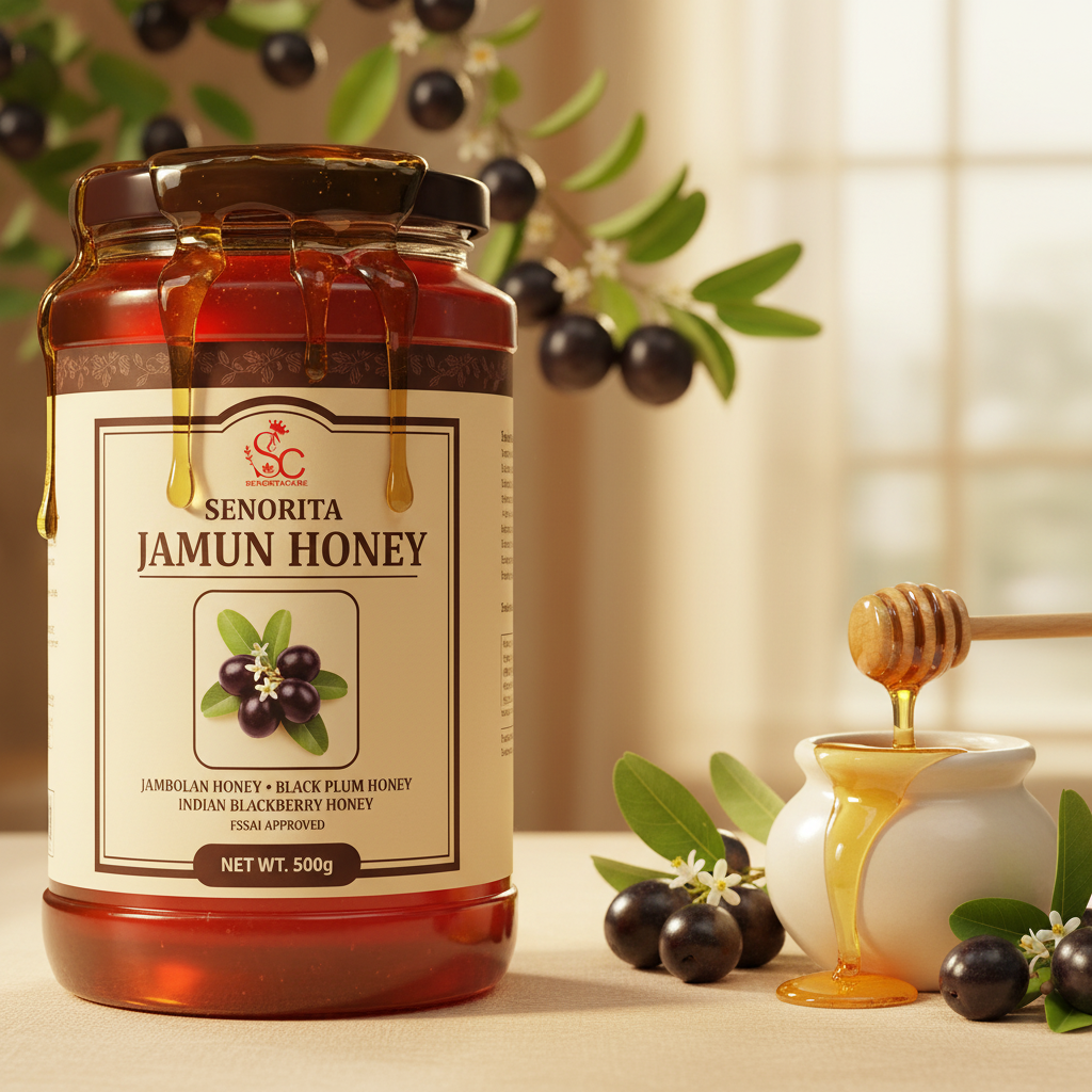 Senorita Jamun Honey 500g Indian blackberry honey lifestyle Jamun fruits warm ivory by SenoritaCare