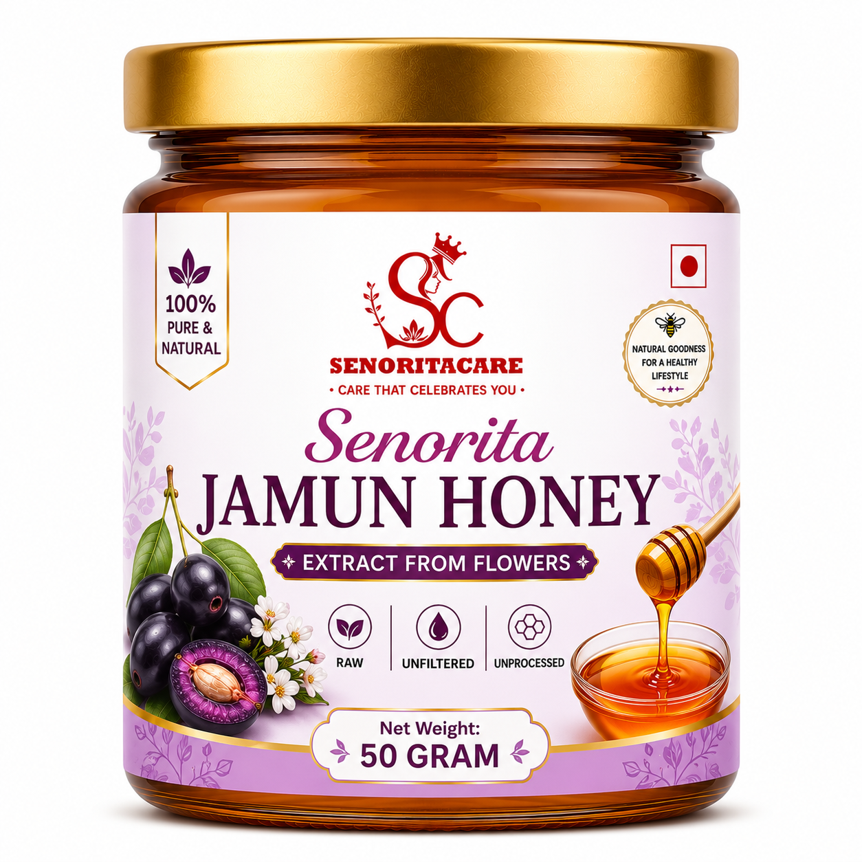 Senorita Jamun Honey 50g natural monofloral honey made from Jamun nectar blossoms by SenoritaCare on a white background