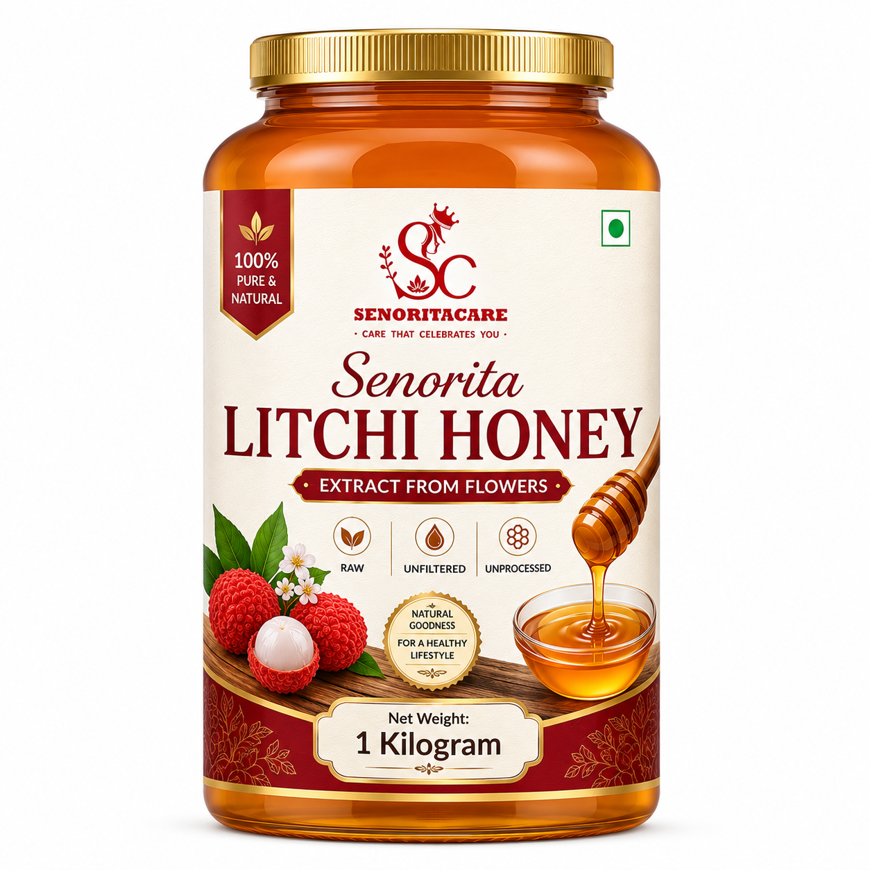 Pure Litchi Flower Honey 1 kg Jar– Raw Natural Honey by Senoritacare