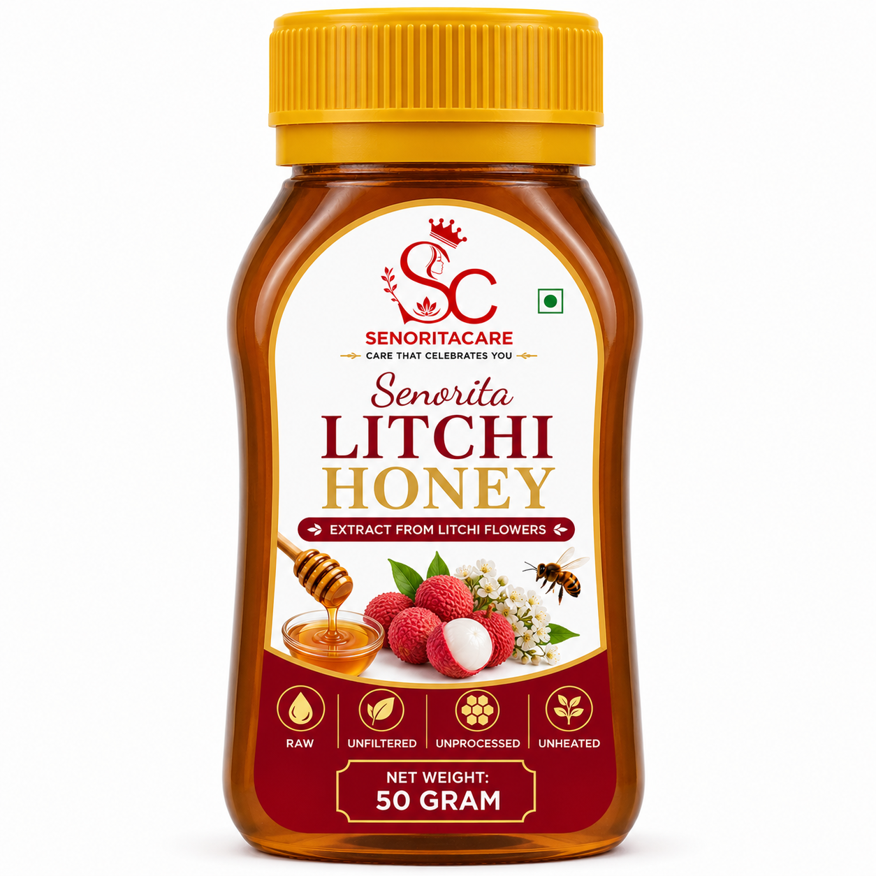 Senorita Litchi Honey 50g natural honey jar made from Litchi nectar blossoms by SenoritaCare on a white background