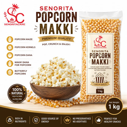 Senorita Popcorn Makki premium popcorn in a clear stand-up pouch next to a wooden bowl filled with fluffy white popcorn