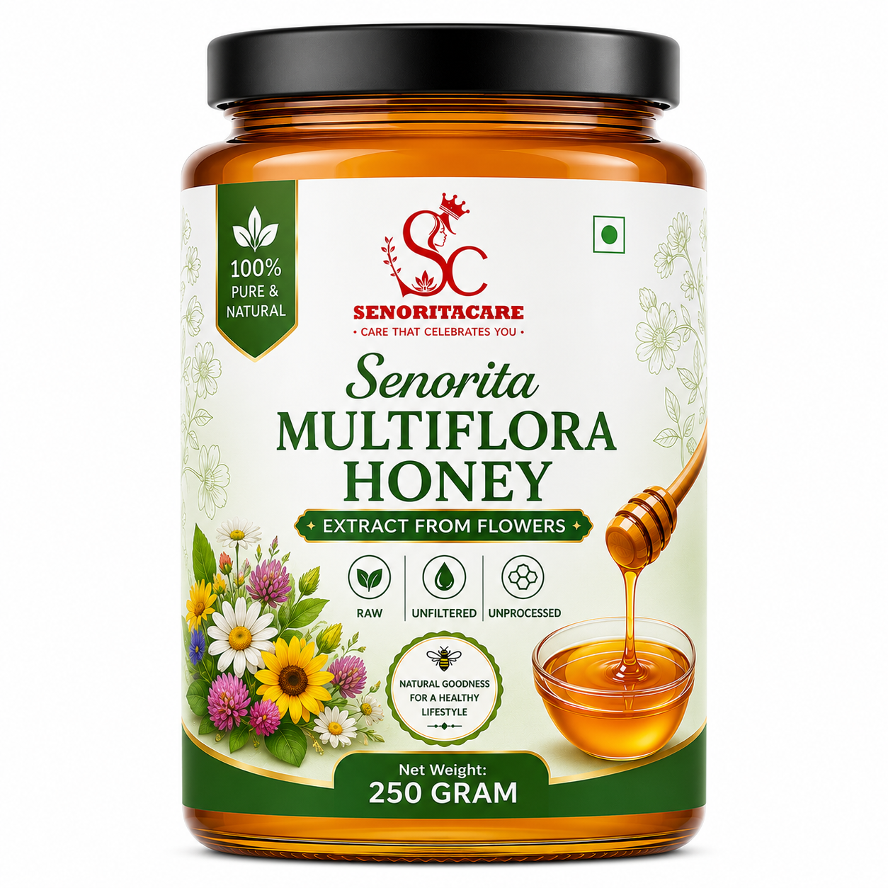 A 250 gram jar of Senorita Multiflora Honey on a solid white background