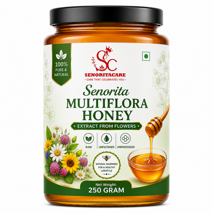 A 250 gram jar of Senorita Multiflora Honey on a solid white background