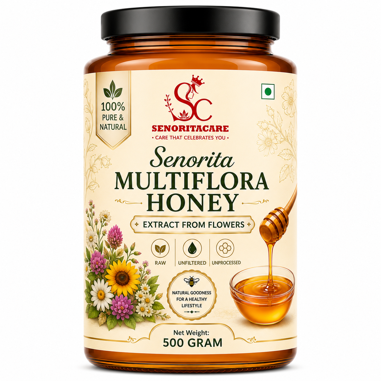 A 500 gram jar of Senorita Multiflora Honey Extract from flowers