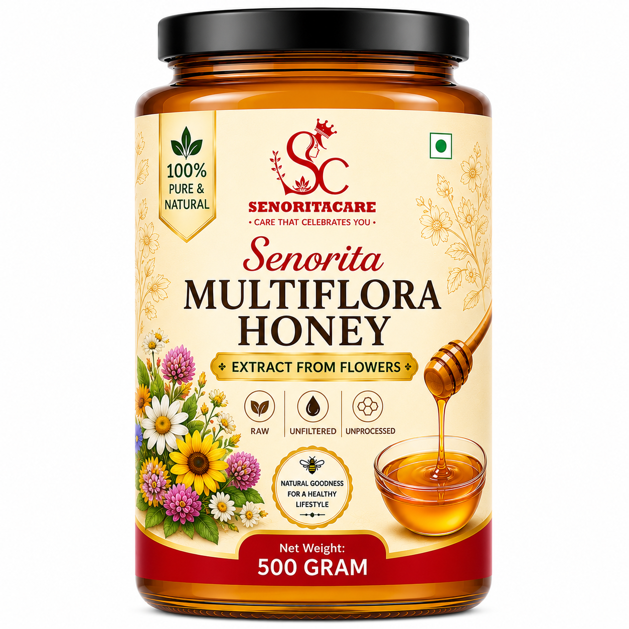 A 500 gram jar of Senorita Multiflora Honey on a white background. The amber glass jar has a black lid 