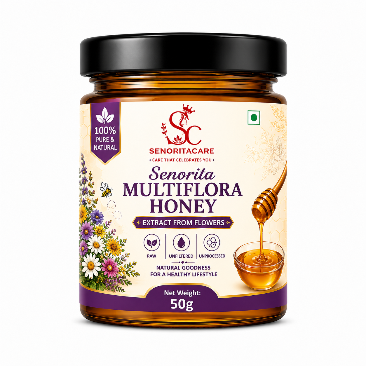 A 50g jar of Senoritacare Senorita Multiflora Honey on a white background. 