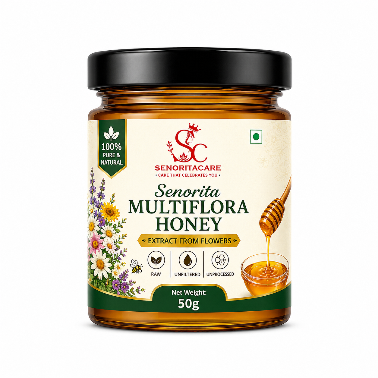 A 50g jar of Senorita Multiflora Honey by SenoritaCare, featuring an amber glass jar with a black lid 