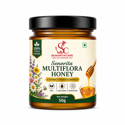 A 50g jar of Senorita Multiflora Honey by SenoritaCare, featuring an amber glass jar with a black lid 