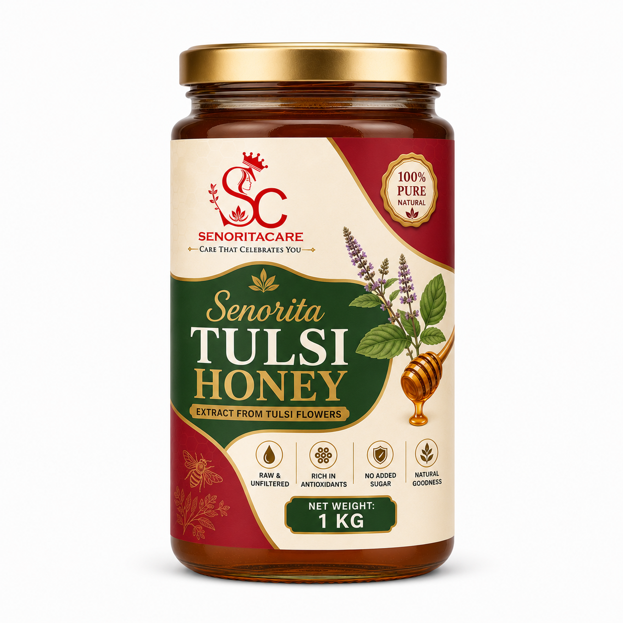 Senorita Tulsi Honey 1kg  Glass Jar – Natural Energy & Wellness Honey – Senoritacare