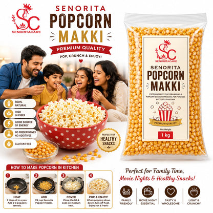 A 1 kg bag of Senorita Popcorn Makki premium popcorn kernels next to a large bowl of popcorn and a family enjoying it