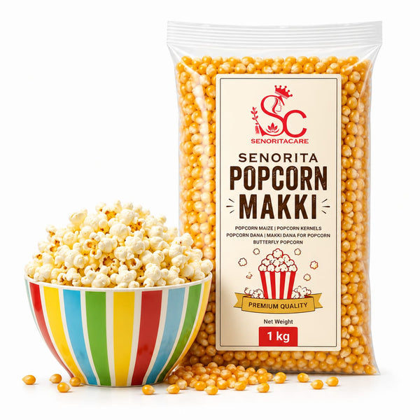 A 1 kg bag of Senorita Popcorn Makki popcorn kernels next to a colorful striped bowl filled with popped popcorn, on a clean white background.