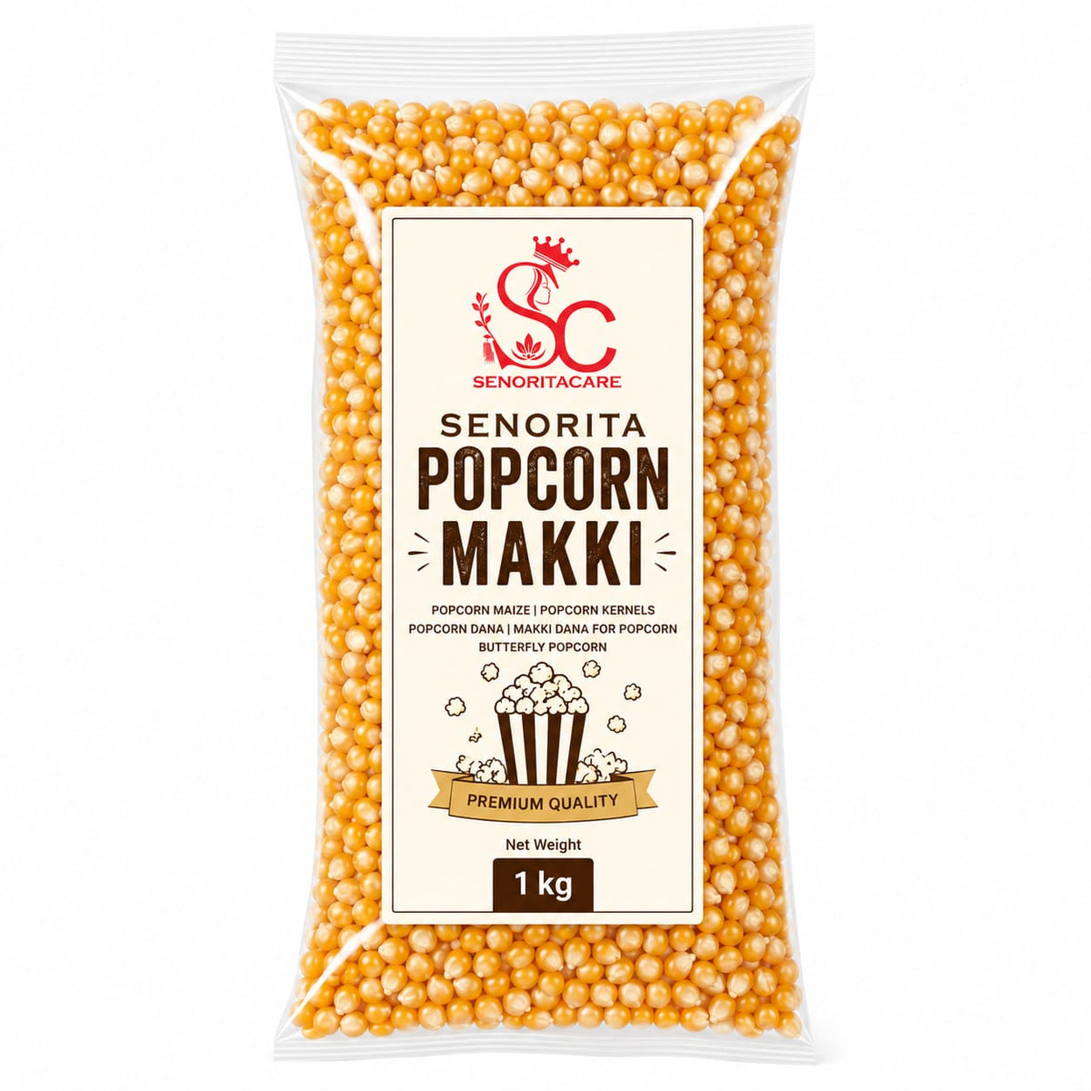 A 1 kg clear plastic bag of Senorita Popcorn Makki butterfly popcorn kernels