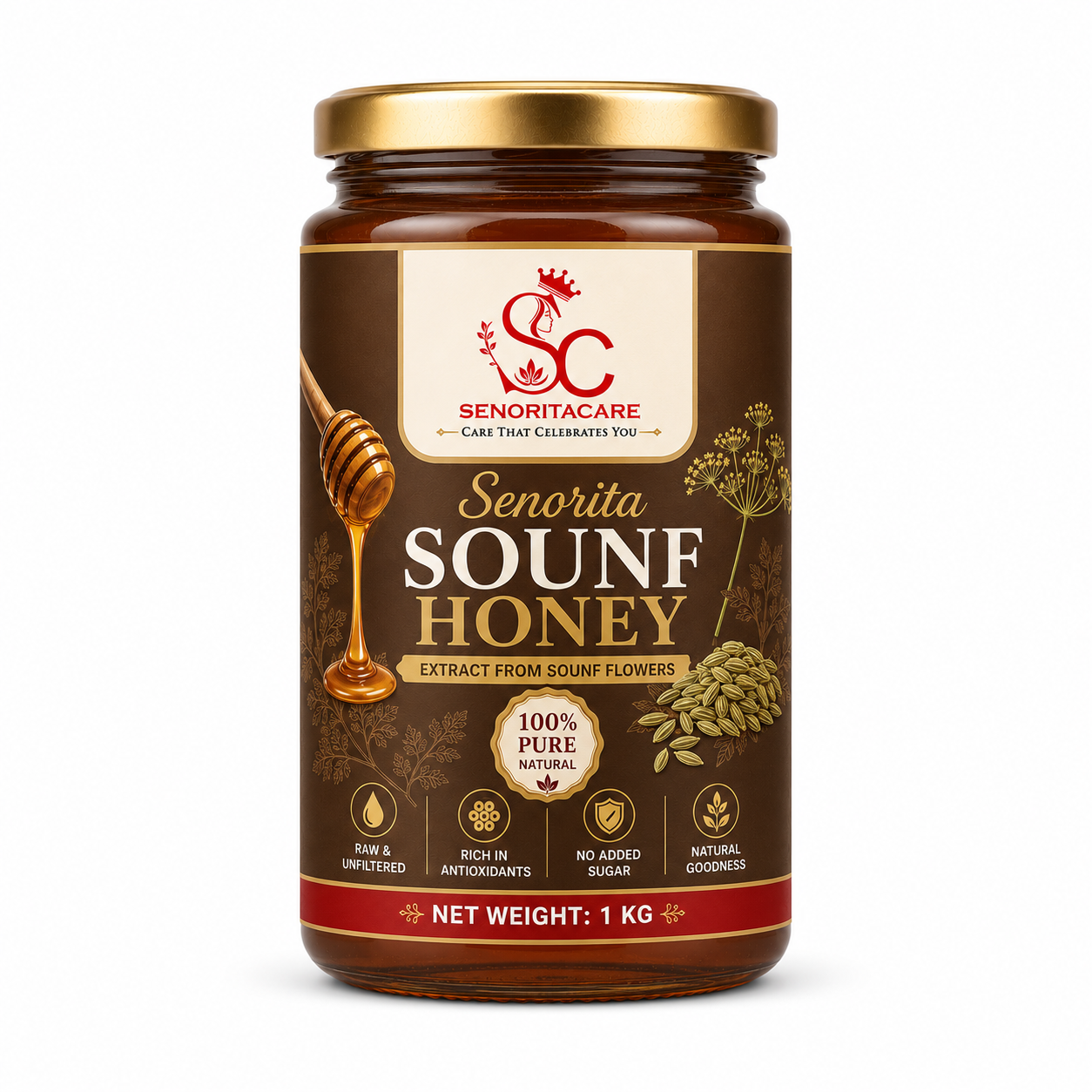 Senoritacare Sounf Honey 1kg Glass Jar – Bulk Digestive Support & Immunity Honey
