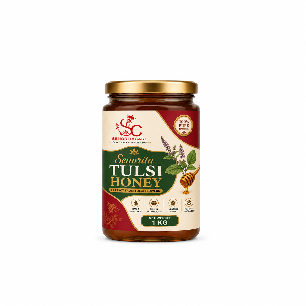 Natural Tulsi Honey 1kg Glass Jar – Unprocessed Holy Basil Honey by Senoritacare