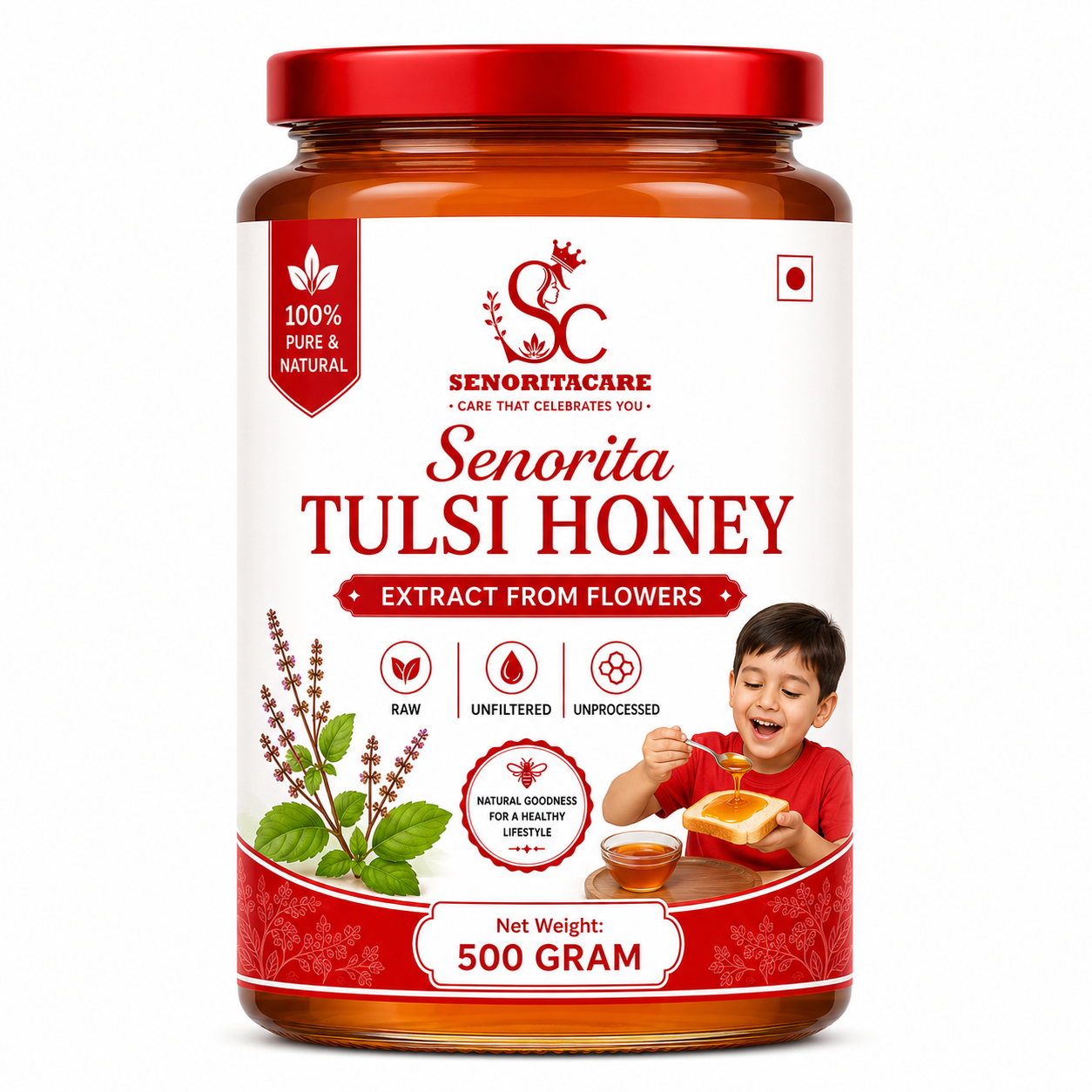 Pure Tulsi Flower Honey 500g Glass Jar – Raw Ayurvedic Honey by Senoritacare