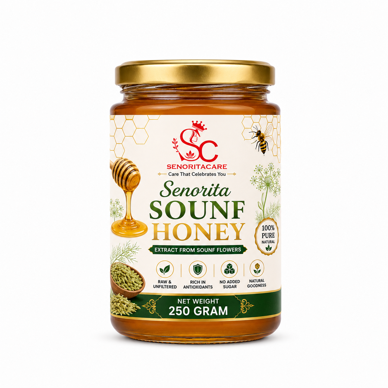 Pure Sounf Honey 250g Glass Jar – Natural Fennel Infused Honey by Senoritacare