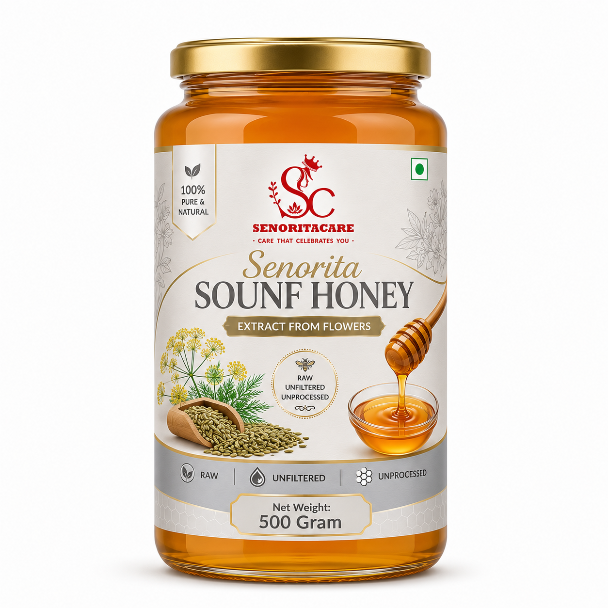 Pure Sounf Honey 500g Glass Jar – Natural Fennel Infused Honey by Senoritacare