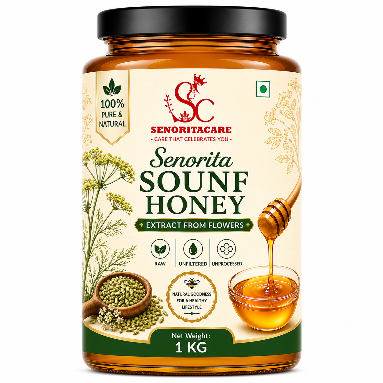  Senoritacare Sounf Honey 1kg  Jar – Bulk Digestive Support & Immunity Honey
