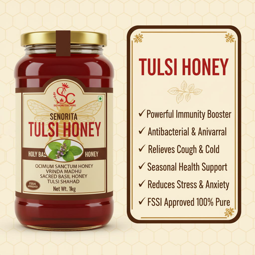 Senorita Tulsi Honey 1kg health benefits immunity booster infographic SenoritaCare