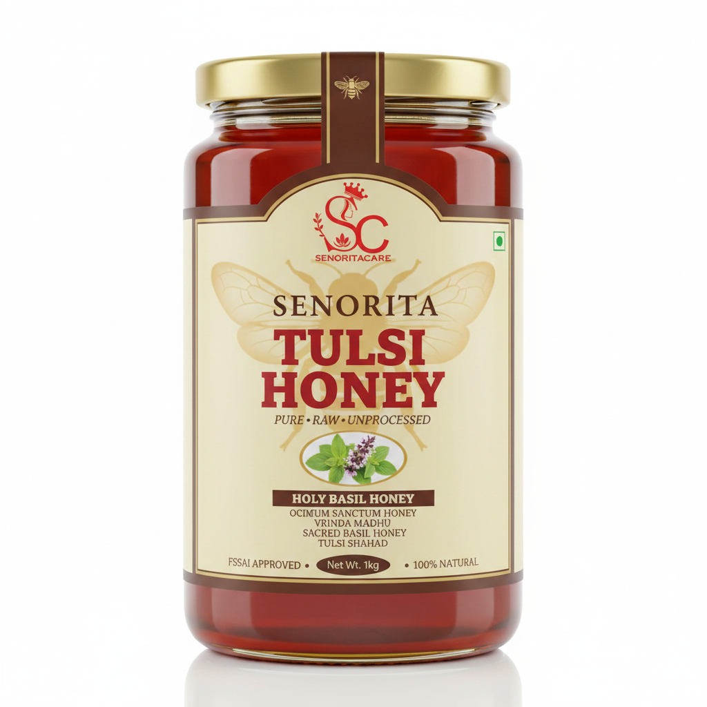 Senorita Tulsi Honey 1kg pure raw holy basil honey cream label honey bee shadow FSSAI approved SenoritaCare