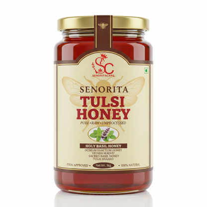 Senorita Tulsi Honey 1kg pure raw holy basil honey cream label honey bee shadow FSSAI approved SenoritaCare