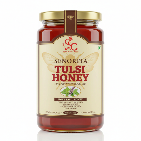 Senorita Tulsi Honey 1kg pure raw holy basil honey cream label honey bee shadow FSSAI approved SenoritaCare