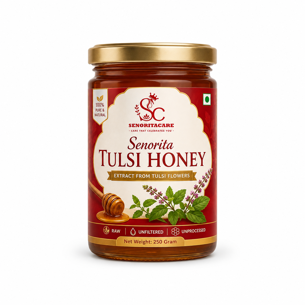 A 250g glass jar of Senorita Tulsi Honey by Senoritacare, featuring a gold lid and a red and cream label with illustrations of tulsi leaves 