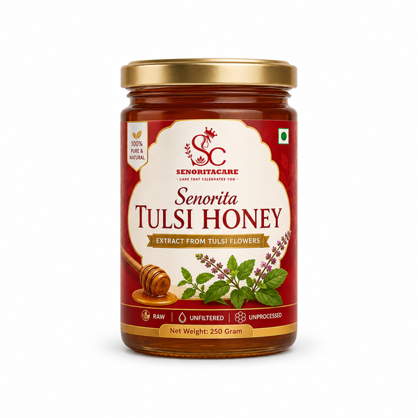 A 250g glass jar of Senorita Tulsi Honey by Senoritacare, featuring a gold lid and a red and cream label with illustrations of tulsi leaves 