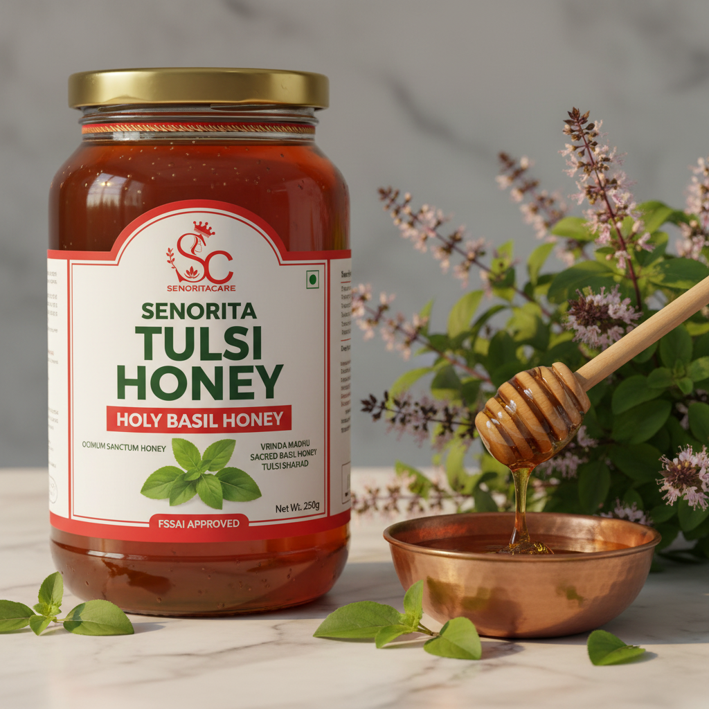 Senorita Tulsi Honey 250g lifestyle tulsi leaves golden honey by SenoritaCare