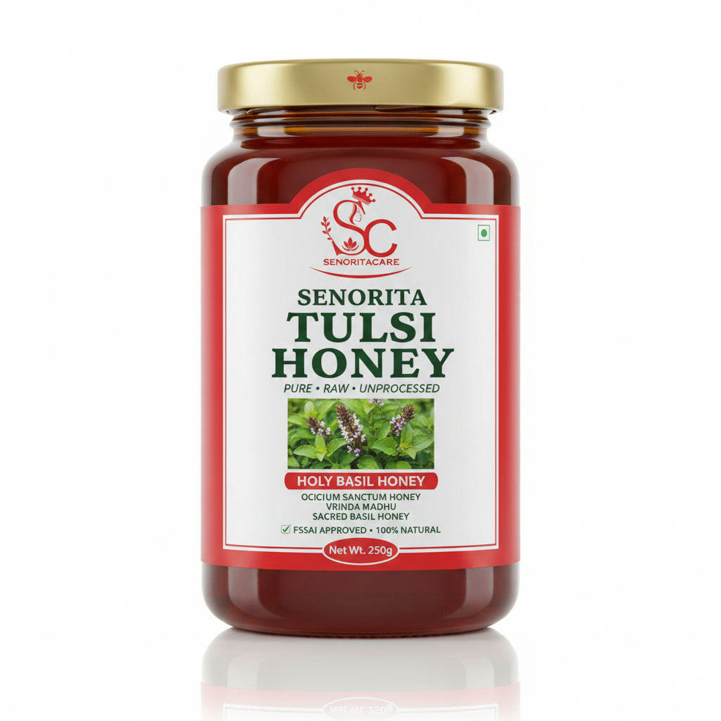 Senorita Tulsi Honey 250g pure raw holy basil honey white label red border green text FSSAI approved Order Now Senorita Honey Now At SenoritaCare Store