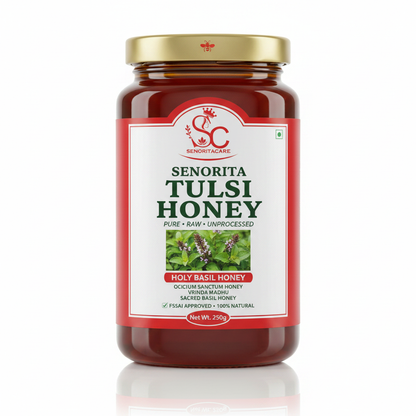 Senorita Tulsi Honey 250g pure raw holy basil honey white label red border green text FSSAI approved Order Now Senorita Honey Now At SenoritaCare Store