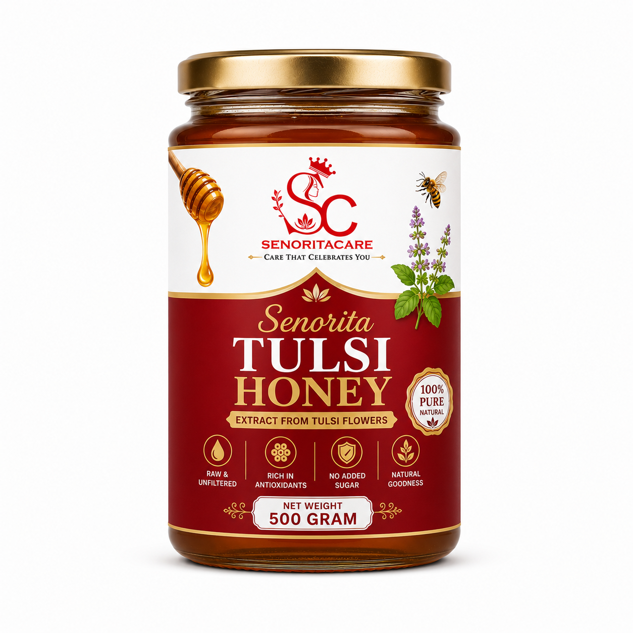 Natural Tulsi Honey 500g Glass Jar – Unprocessed Floral Honey for Women's Wellness by Senoritacare