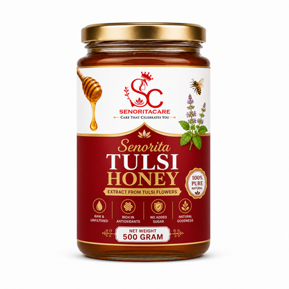 Natural Tulsi Honey 500g Glass Jar – Unprocessed Floral Honey for Women's Wellness by Senoritacare