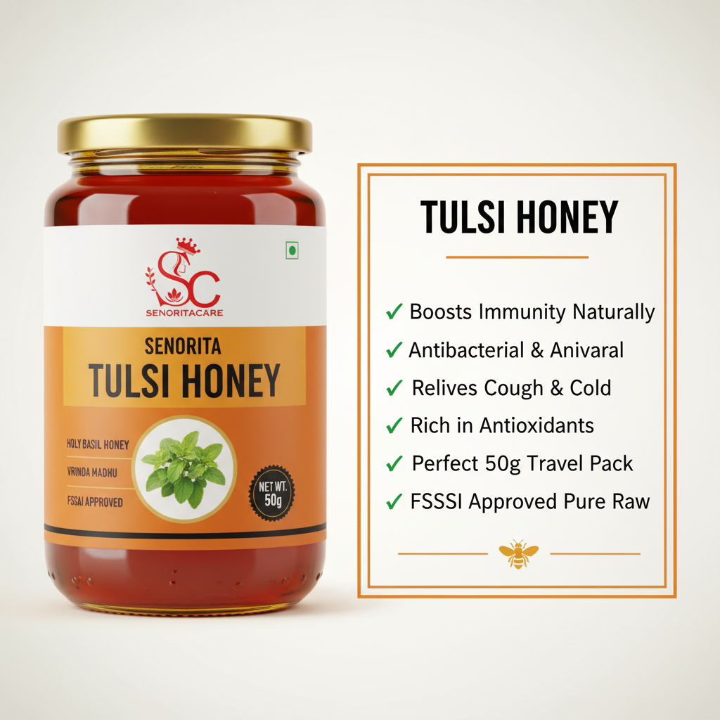 Senorita Tulsi Honey 50g health benefits immunity booster infographic by SenoritaCare