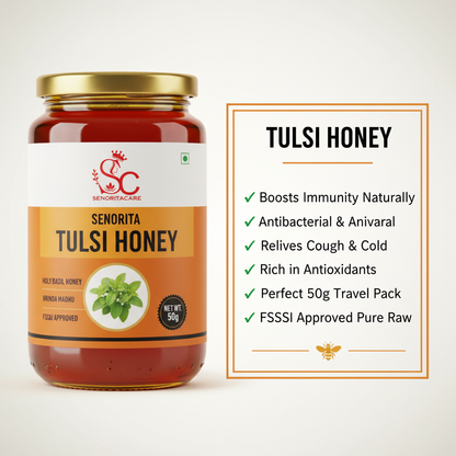 Senorita Tulsi Honey 50g health benefits immunity booster infographic by SenoritaCare