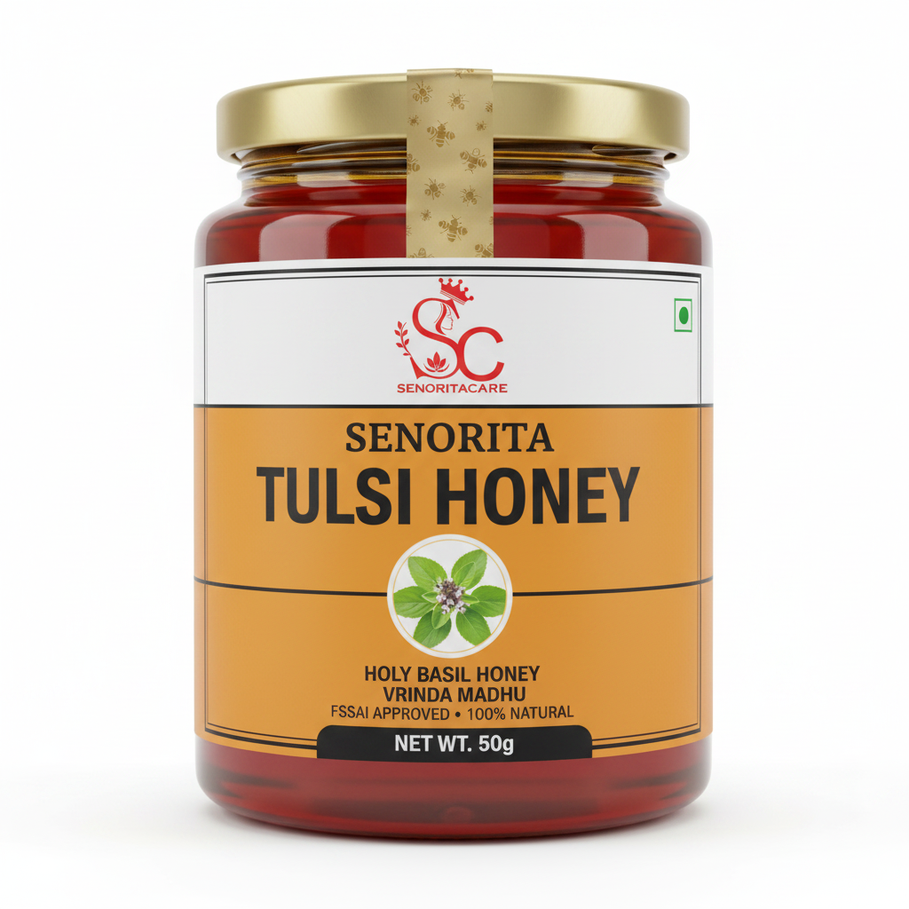 Senorita Tulsi Honey 50g pure tulsi flower honey mini travel pack FSSAI approved by SenoritaCare white background