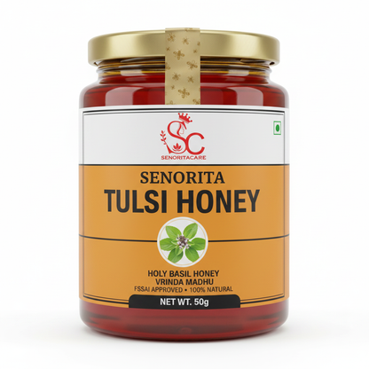 Senorita Tulsi Honey 50g pure tulsi flower honey mini travel pack FSSAI approved by SenoritaCare white background
