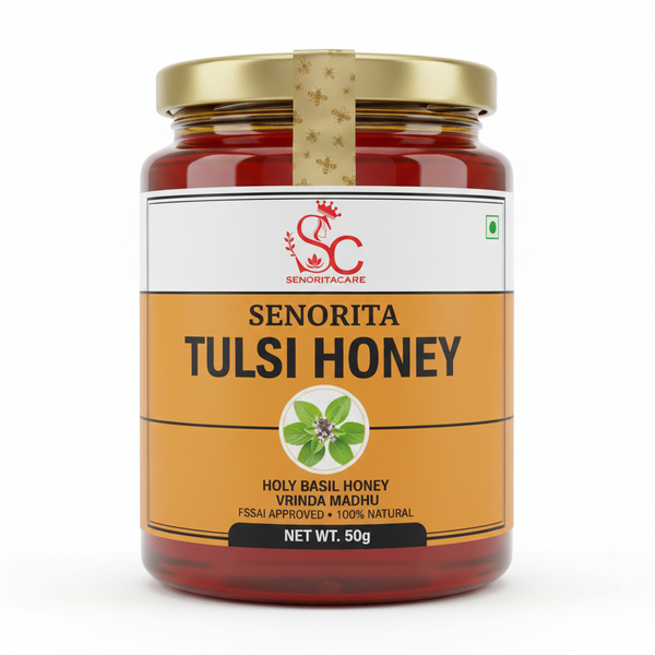Senorita Tulsi Honey 50g pure tulsi flower honey mini travel pack FSSAI approved by SenoritaCare white background